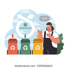 Worker guiding waste segregation. Color-coded bins for recycling, arrows indicating correct disposal. Responsible trash handling. Flat vector illustration