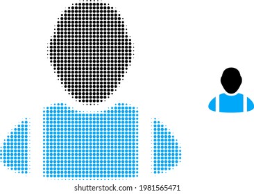 Ilustración de icono con puntos de semitono de trabajo. El patrón de semitono contiene elementos redondos. Icono vectorial del trabajador en un fondo blanco. abstracción plana para el objeto de trabajo.