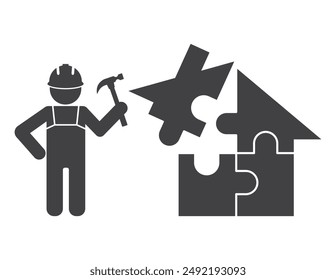 Worker with hammer and house puzzle shape icon