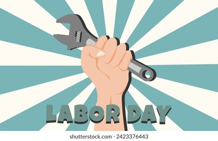 Worker hand with adjustable wrench. Labor day concept. Vector illustration.