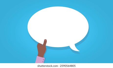 Worker hand holding speech bubble. African american worker wearing salmon shirt holding white speech bubble. Flat design vector illustration.