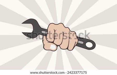 Worker hand holding wrench. Labor day concept. Vector illustration.