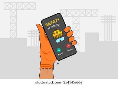 Mão de trabalho com luvas de proteção laranja segurando um telefone celular com chamada recebida de SAFETY. Conceito de Campanha de Segurança. Ilustração vetorial.