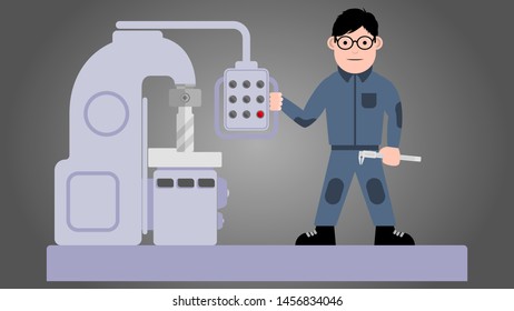 Worker handles a part on a milling machine. vector image