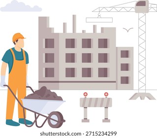 Konzeption der Werkstoffhandhabung vor Ort, professioneller Baumeister mit Schubkarren-Vektordesign, Banner für Bauarbeiter, Skilled-Workers-Szene, Stockgrafik der Tiefbauarbeiten