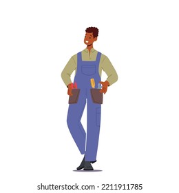 Trabajador, Handyman con diferentes instrumentos en bolsillos para arreglar y mantener técnicas rotas. Empleado Del Servicio De Trabajo, Personaje Aislado Del Hombre. Ilustración de vectores de personas de caricatura