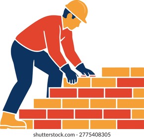 Worker in hard hat building brick wall