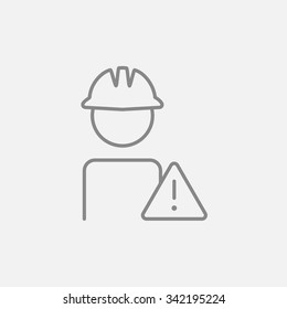 Worker in hard hat with caution sign line icon for web, mobile and infographics. Vector dark grey icon isolated on light grey background.