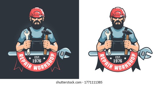 Worker in hard hat with hammer and wrench - Mechanical Workshop vintage logo. Handyman in builder helmet with tools - retro emblem. Vector illustration.