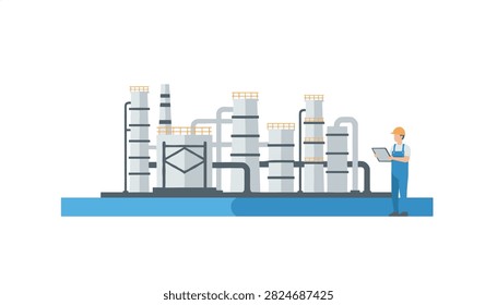 Worker in a hard hat holding a digital tablet in front of a modern industrial factory plant with tall towers and piping.