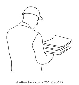 Worker In Hard Hat Holding Documents Minimalist Line Art Illustration