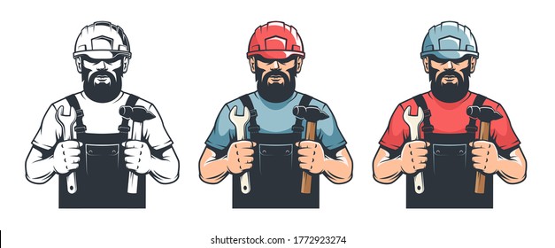 Trabajador en mecánico de sombrero duro sostiene martillo y spanner - ilustración vintage. Hombre DIY con herramientas - estilo retro. Ilustración vectorial.