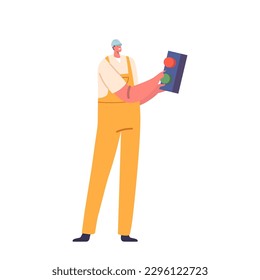 Worker In Hard Hat Press Button With Serious Expression On His Face. Male Character Controlling Industrial Equipment