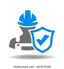 Arbeiter in hartem Hut mit Schild und Markierungssymbol-Vektorgrafik. Arbeitssicherheit Erstes Compliance-Symbol.