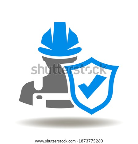 Worker in hard hat with shield and check mark icon vector. Work Safety First Compliance Symbol.