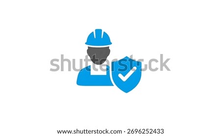 Worker in hard hat with shield and check mark icon vector. Work Safety First Compliance Symbols.