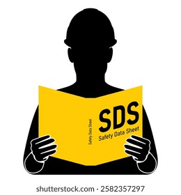 Worker with hardhat in silhouette read the safety data sheet document illustration.