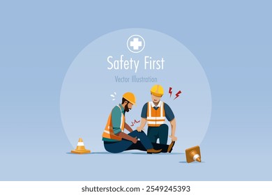 Worker has accident injured at knee at construction site. Safety first awareness, accident caution at industrial, construction site. Vector.