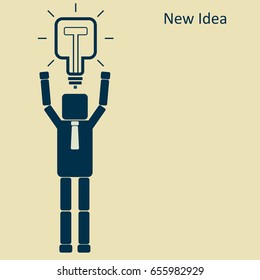 Worker have a new idea. Square light bulb overhead of businessman. Vector illustration. 