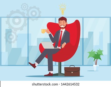 Worker Having Idea Cartoon Vector Illustration. Confident Bearded Employee, Manager, Banker Sitting in Chair, Drinking Coffee in Office. Successful Businessman, Boss, Top Executive Official Dress Code