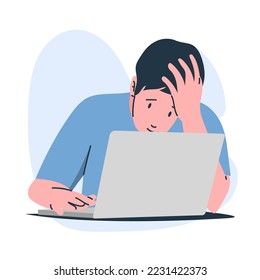 a worker is having trouble with his job, laptop failure in front of him, illustration vector flat style.