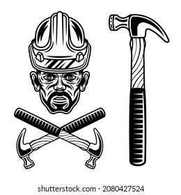 Worker head with bristle in hard hat and claw hammer set of vector objects or design elements in vintage monochrome style isolated on white background