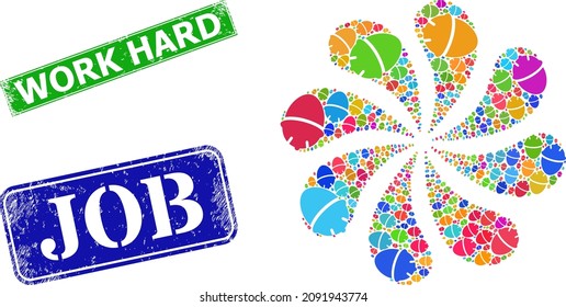 Worker head icon colored twirl abstract turbine fireworks shape, and grunge Work Hard badge. Blue Job and green Work Hard rectangle grunge seal stamps.