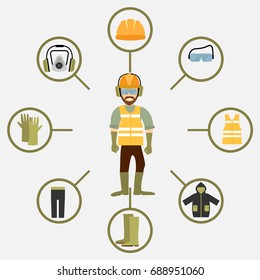 Worker health and safety vector. Illustration of accessories for protection