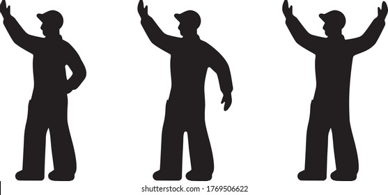 Trabajador en un casco en un lugar de construcción. Gestión de una grúa de construcción. Levántate, más bajo. Silhouette. Ilustración vectorial.