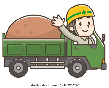 Worker with helmet and dump truck