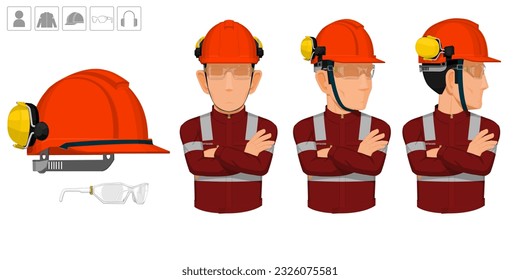 worker with helmet and earmuffs no use on white background