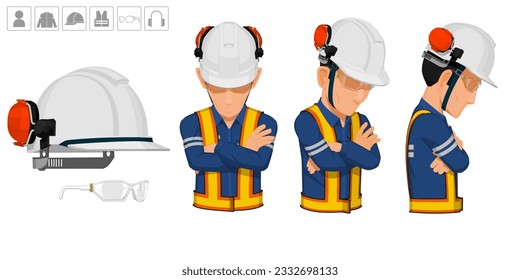 worker with helmet and earmuffs no use on white background