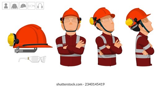 worker with helmet and earmuffs no use on white background