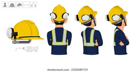 Arbeiter mit Helm und Ohrmuscheln ohne Verwendung auf weißem Hintergrund