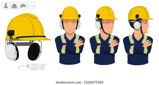 worker with helmet and earmuffs on white background