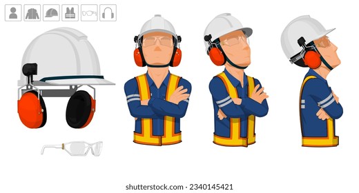 worker with helmet and earmuffs on white background