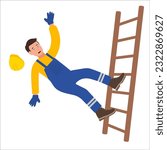 Worker in a helmet falling from step ladder. Industrial safety and occupational health at work.Vector Illustration