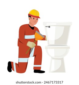 Worker in helmet and gloves fixing a toilet with a plumber tool