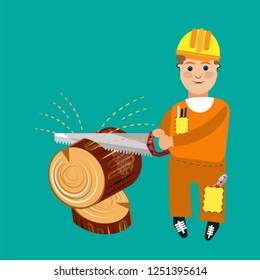 The worker in a helmet and overalls saws a large log. Cartoon character. Flat. Vector illustration
