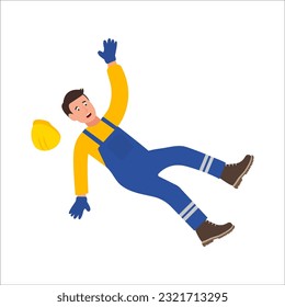 Worker in a helmet slips and falls on a slippery floor. Industrial safety and occupational health at work.Vector Illustration