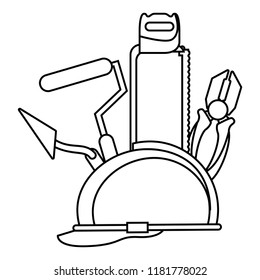 Worker helmet and tools in black and white