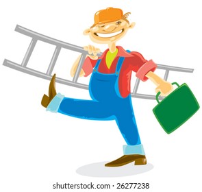 Worker in helmet with tools and ladder. Vector illustration.
