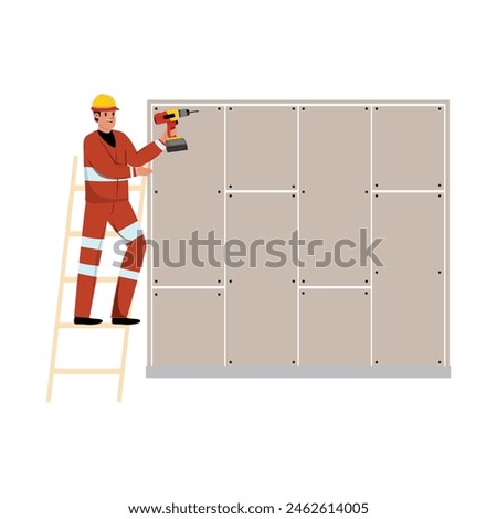 Worker in helmet and work uniform fixing wall