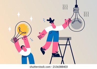 Worker help colleague change lightbulb. Concept of teamwork and cooperation. Employees or coworkers work together generate creative innovative business idea. Vector illustration. 