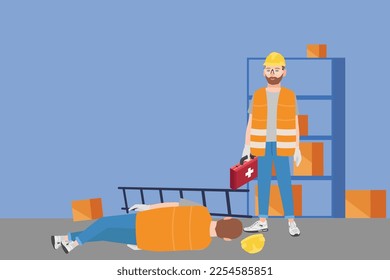 Worker helping another worker after accident with First Aid kit box. First aider standing before injured worker with first aid kit in the warehouse. Warehouse worker fall from ladder with box laying