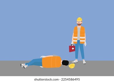 Worker helping another worker after accident with First Aid kit box. First aider standing before injured worker with first aid kit in warehouse. Construction worker fall down with dress laying down.