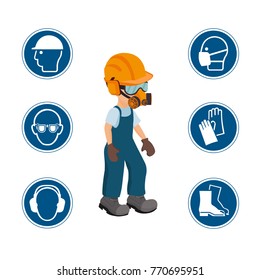 Worker with his personal protective equipment and security icons. vector ilustration.