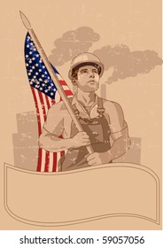 Worker holding American flag,  poster for Labor Day