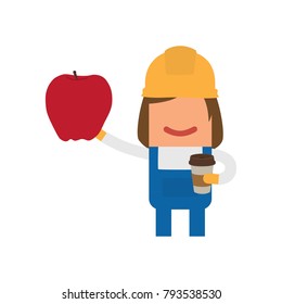 Worker holding an apple and a coffee, vector illustration design. Construction characters collection.