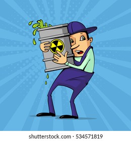 Worker holding a barrel with a radioactive substance
